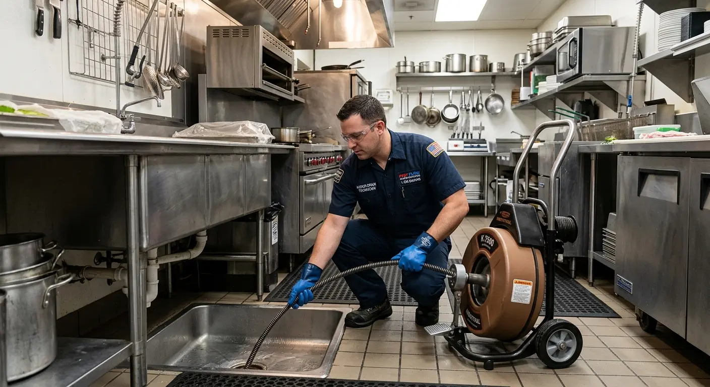 Commercial drain cleaning service in a restaurant kitchen in Ramona