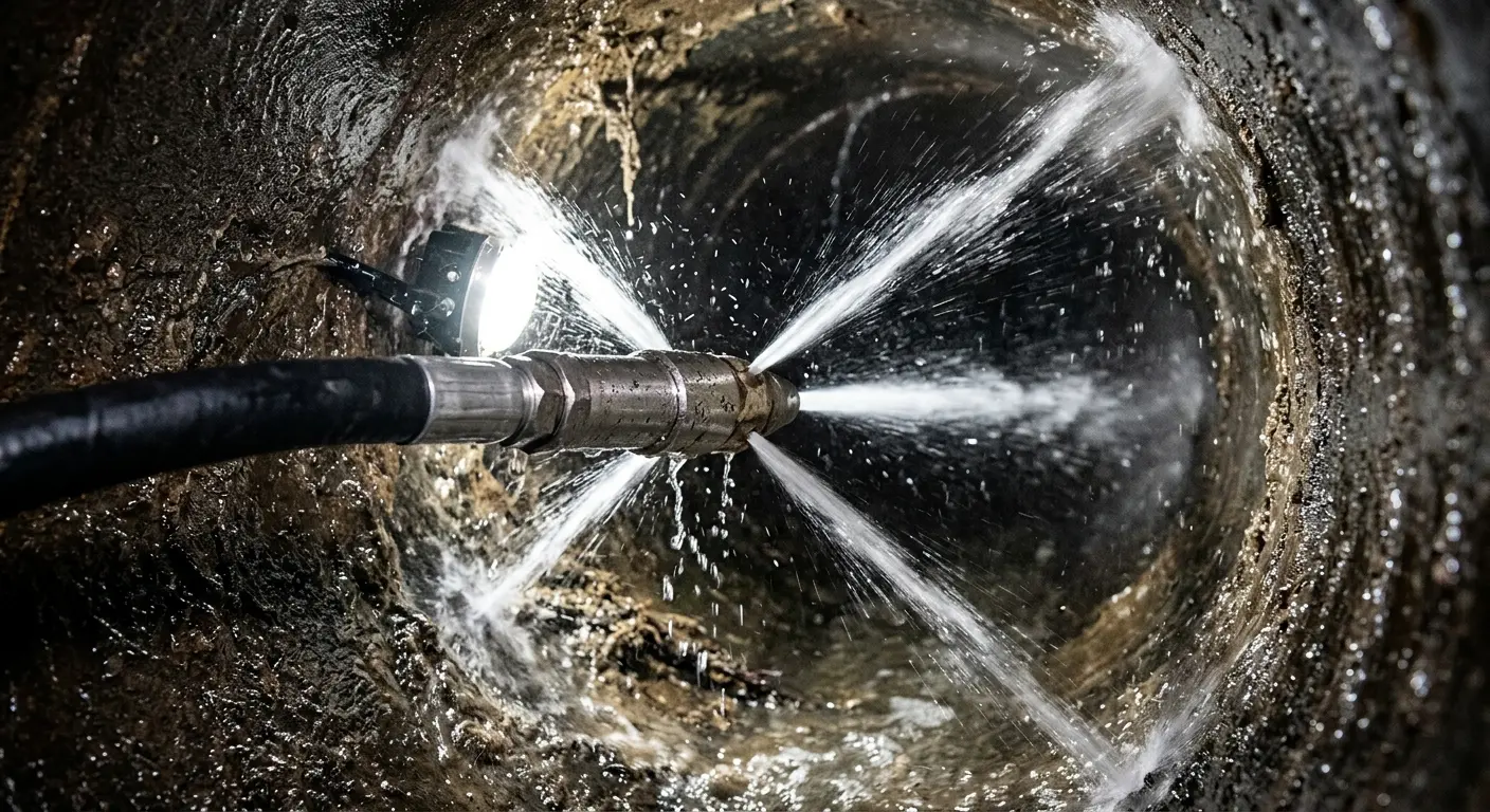 High-pressure hydro jetting nozzle cleaning sewer pipe for Storm Drain Cleaning in Ramona