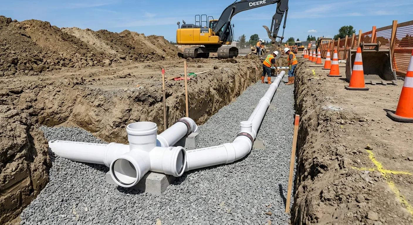 New PVC sewer pipe installation in open trench for Grease Trap Cleaning in Ramona