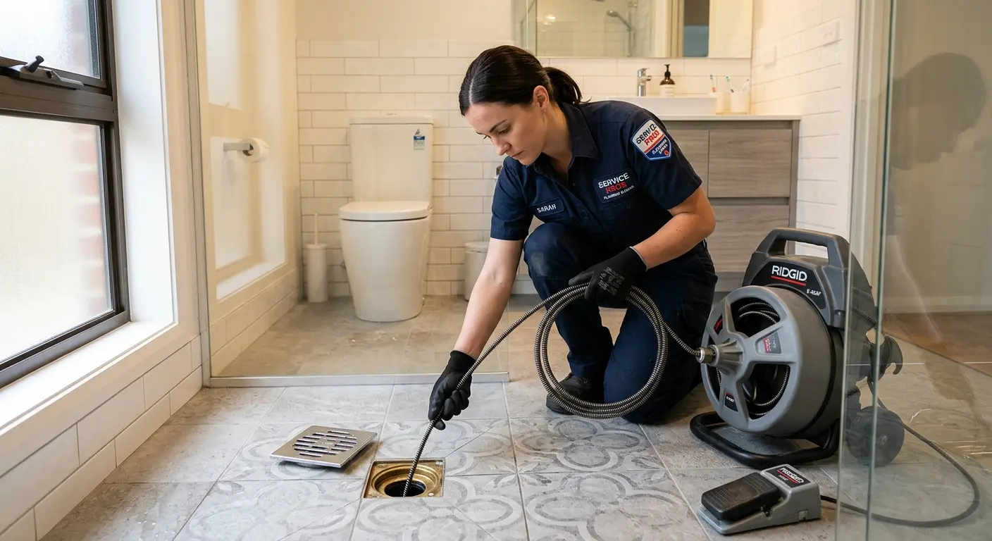 Technician clearing a bathroom floor drain for Sewer Line Installation in Ramona